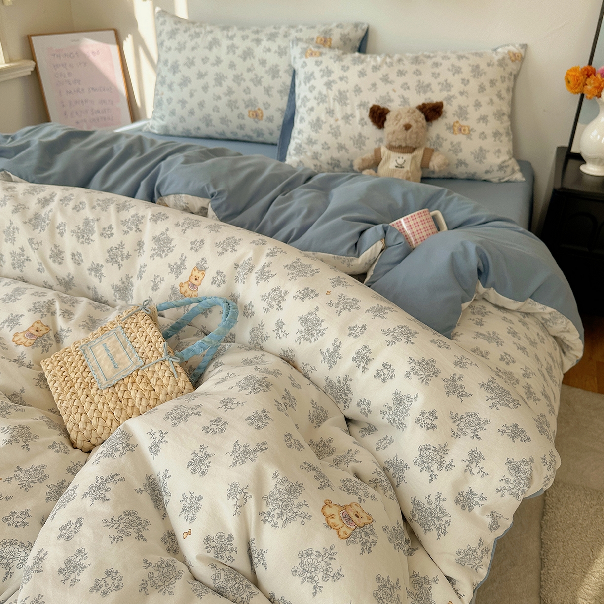 91家纺网 家纺一手货源 找家纺 初夏家纺 2026 新款水洗棉四件套A类卡通简约风床上三件套被套被罩【提供买家秀】 雾蓝西高地