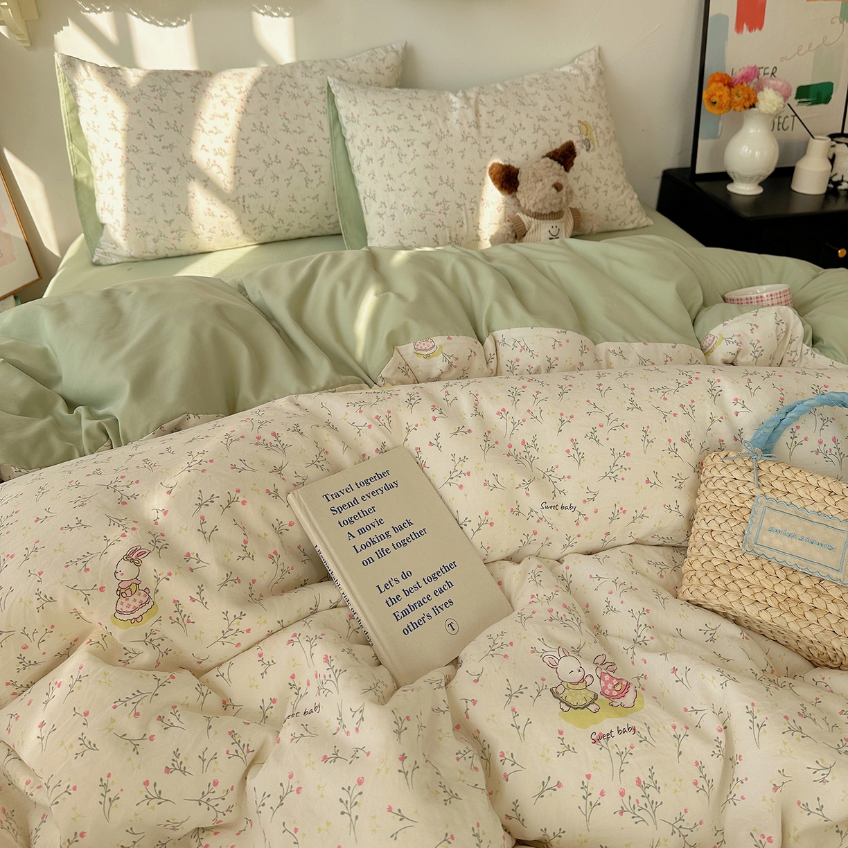91家纺网 家纺一手货源 找家纺 初夏家纺 2026 新款水洗棉四件套A类卡通简约风床上三件套被套被罩【提供买家秀】 森系田园兔