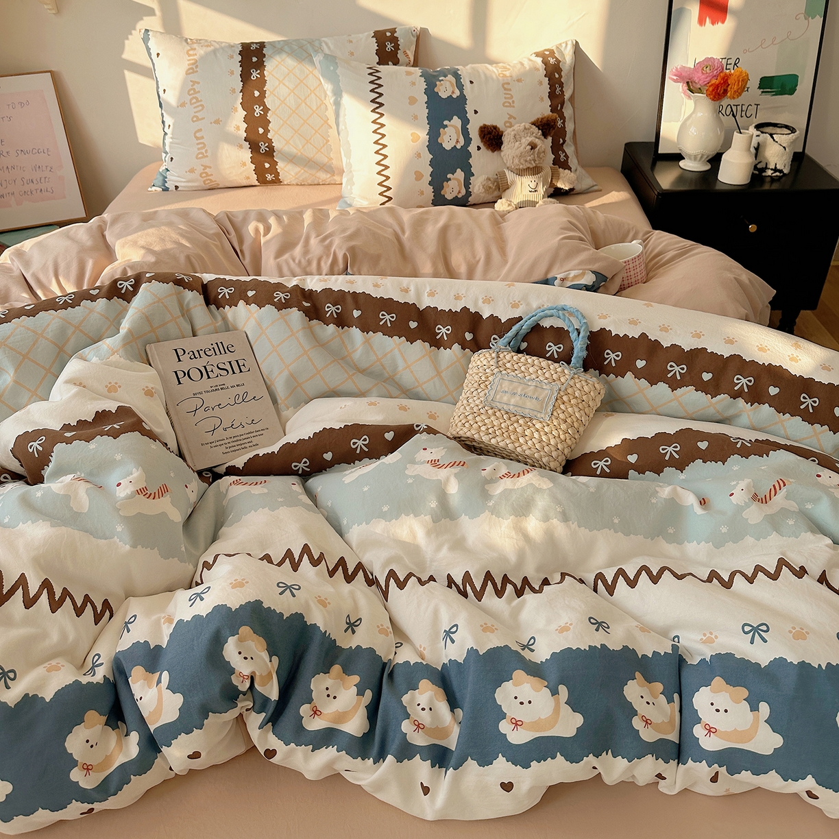 91家纺网 家纺一手货源 找家纺 初夏家纺 2026 新款水洗棉四件套A类卡通简约风床上三件套被套被罩【提供买家秀】 奔向幸福