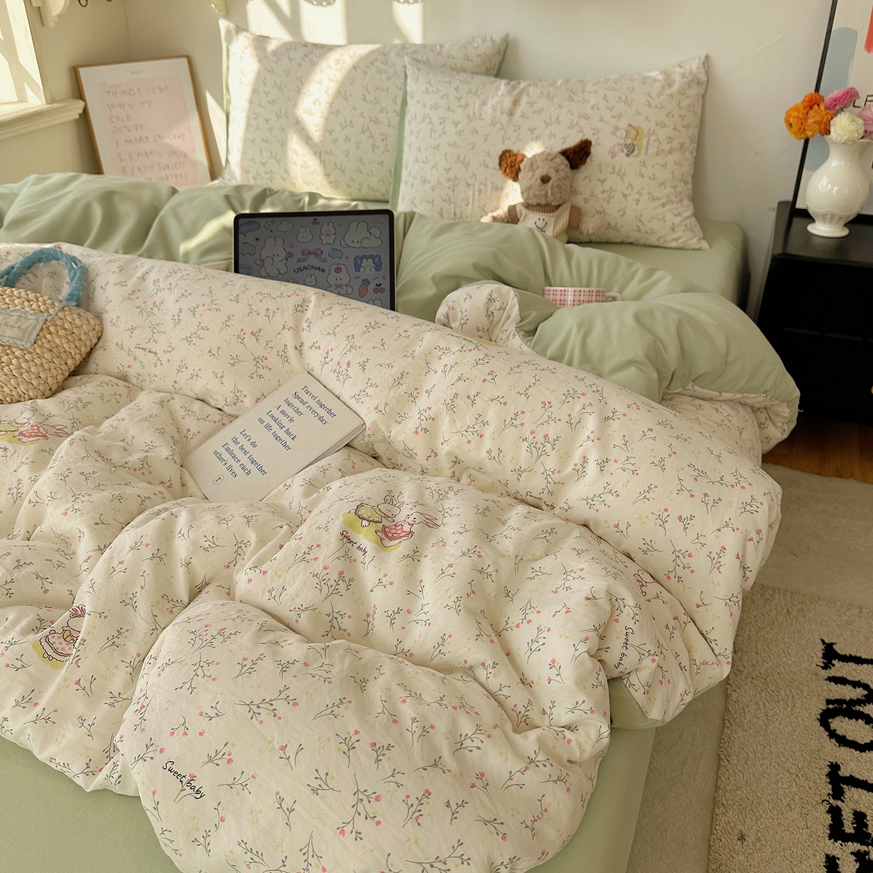 91家纺网 家纺一手货源 找家纺 初夏家纺 2026 新款水洗棉四件套A类卡通简约风床上三件套被套被罩【提供买家秀】 森系田园兔