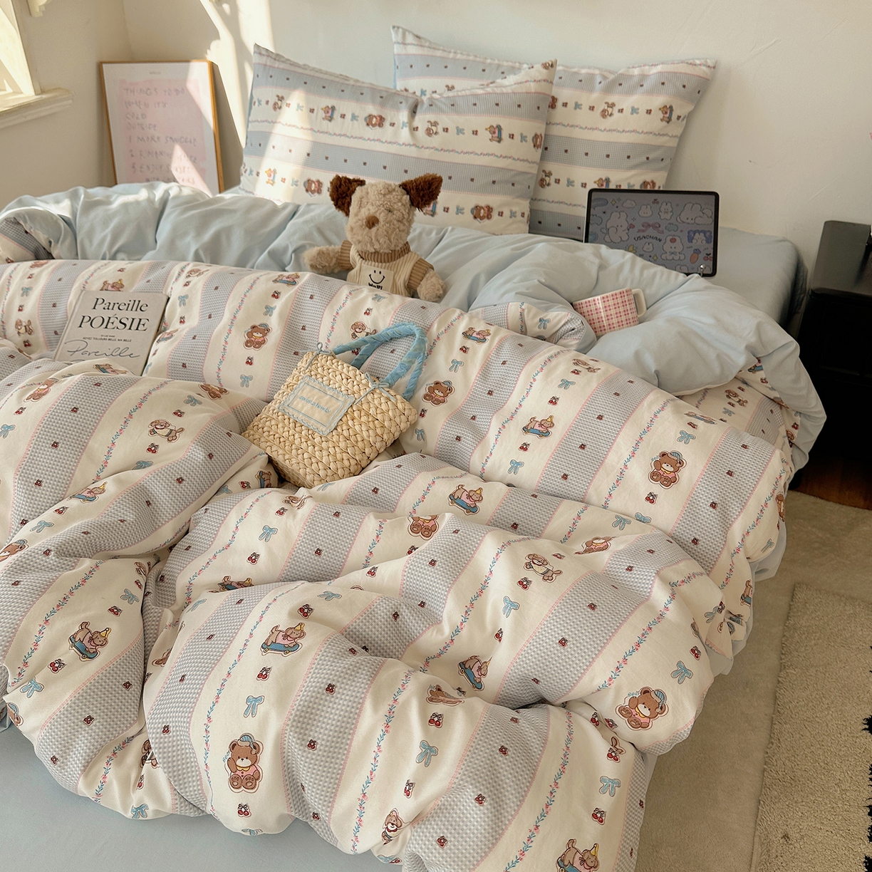 91家纺网 家纺一手货源 找家纺 初夏家纺 2026 新款水洗棉四件套A类卡通简约风床上三件套被套被罩【提供买家秀】 蓝色假日