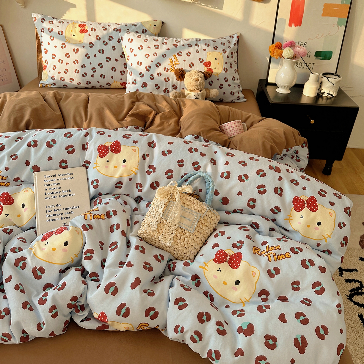 91家纺网 家纺一手货源 找家纺 初夏家纺 2026 新款水洗棉四件套A类卡通简约风床上三件套被套被罩【提供买家秀】 蓝豹喵星人