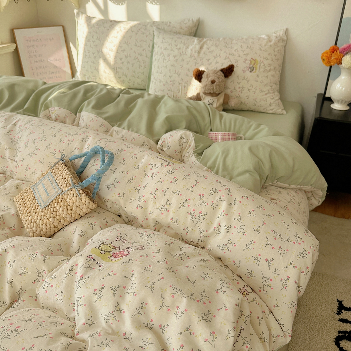 91家纺网 家纺一手货源 找家纺 初夏家纺 2026 新款水洗棉四件套A类卡通简约风床上三件套被套被罩【提供买家秀】 森系田园兔