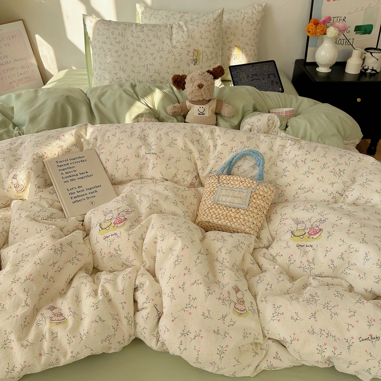 91家纺网 家纺一手货源 找家纺 初夏家纺 2026 新款水洗棉四件套A类卡通简约风床上三件套被套被罩【提供买家秀】 森系田园兔