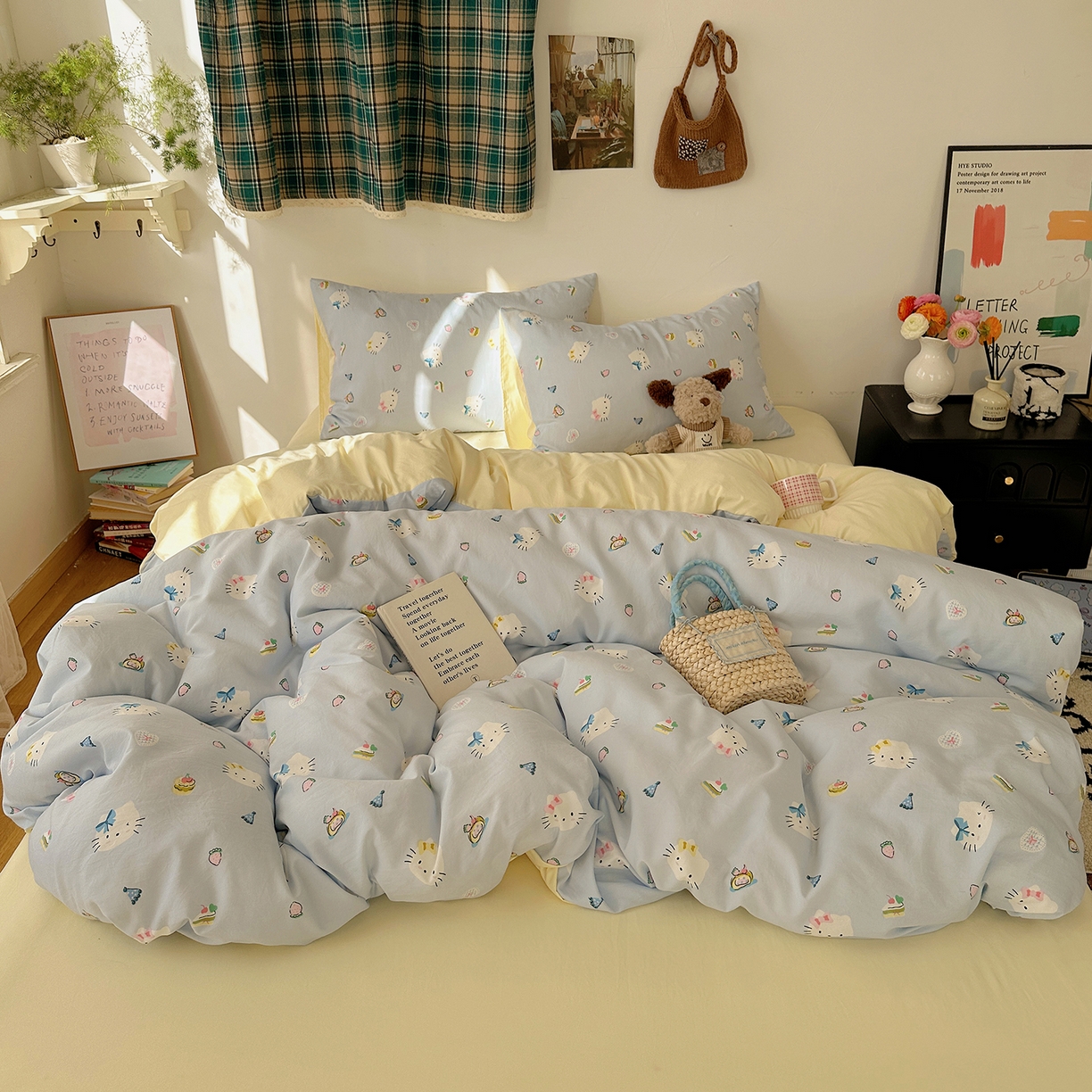 91家纺网 家纺一手货源 找家纺 初夏家纺 2026 新款水洗棉四件套A类卡通简约风床上三件套被套被罩【提供买家秀】 猫屿甜心