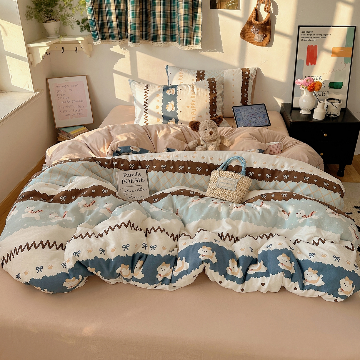 91家纺网 家纺一手货源 找家纺 初夏家纺 2026 新款水洗棉四件套A类卡通简约风床上三件套被套被罩【提供买家秀】 奔向幸福