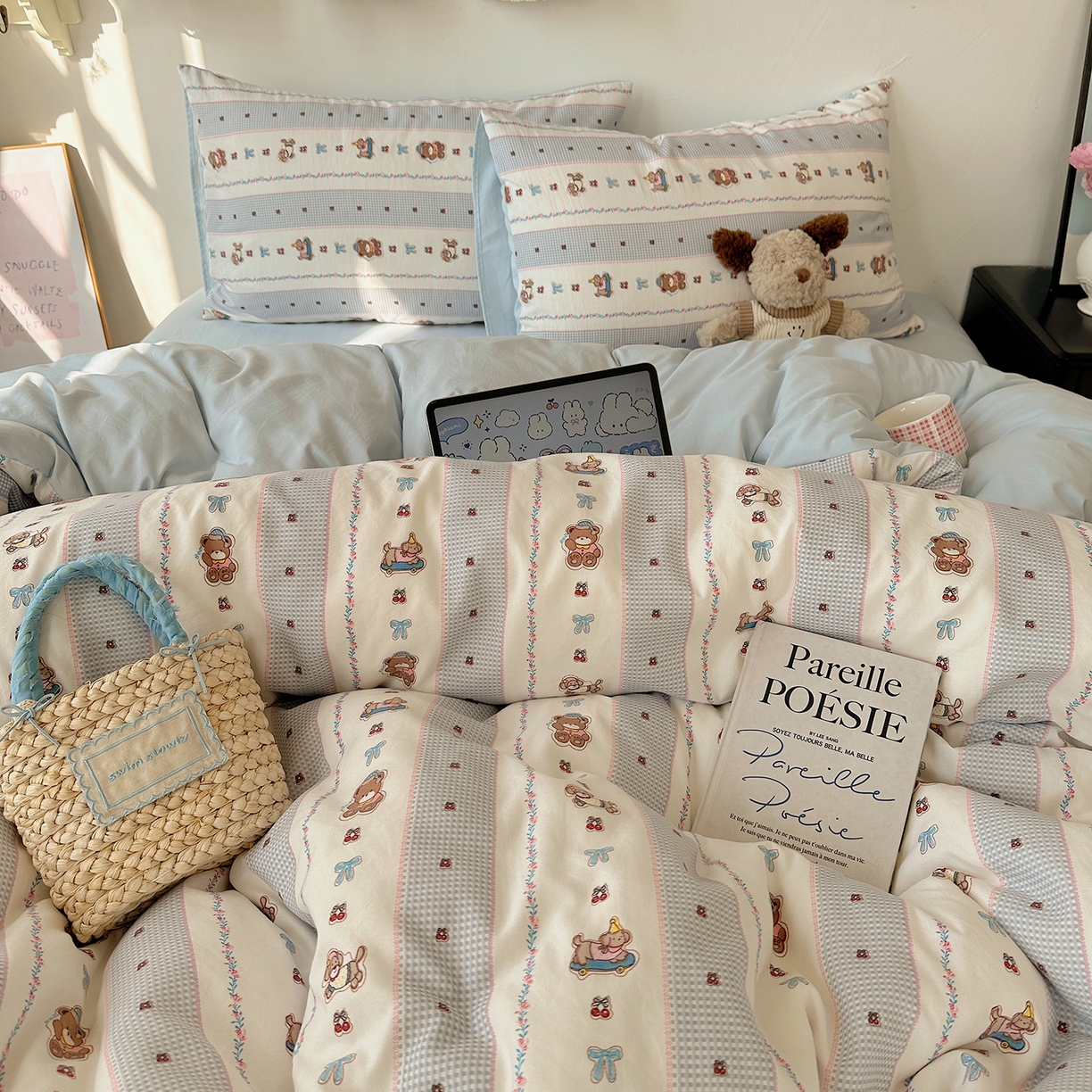 91家纺网 家纺一手货源 找家纺 初夏家纺 2026 新款水洗棉四件套A类卡通简约风床上三件套被套被罩【提供买家秀】 蓝色假日