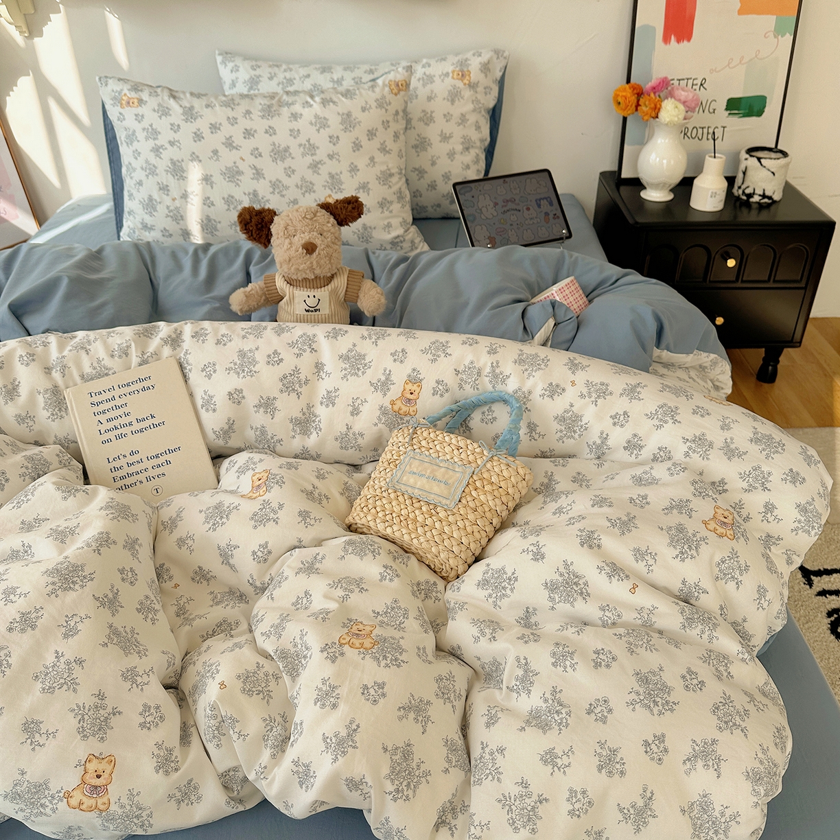 91家纺网 家纺一手货源 找家纺 初夏家纺 2026 新款水洗棉四件套A类卡通简约风床上三件套被套被罩【提供买家秀】 雾蓝西高地