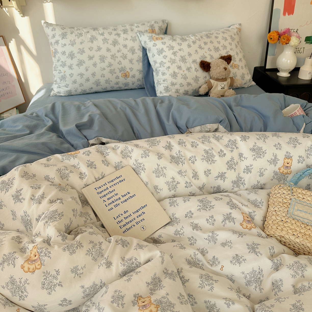 91家纺网 家纺一手货源 找家纺 初夏家纺 2026 新款水洗棉四件套A类卡通简约风床上三件套被套被罩【提供买家秀】 雾蓝西高地