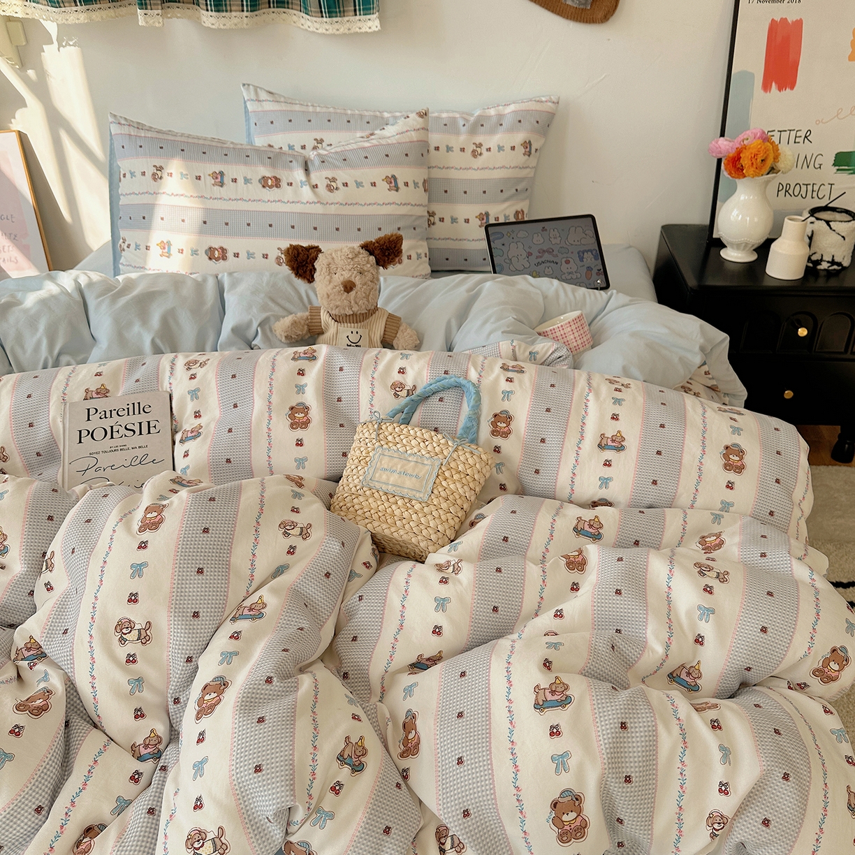 91家纺网 家纺一手货源 找家纺 初夏家纺 2026 新款水洗棉四件套A类卡通简约风床上三件套被套被罩【提供买家秀】 蓝色假日