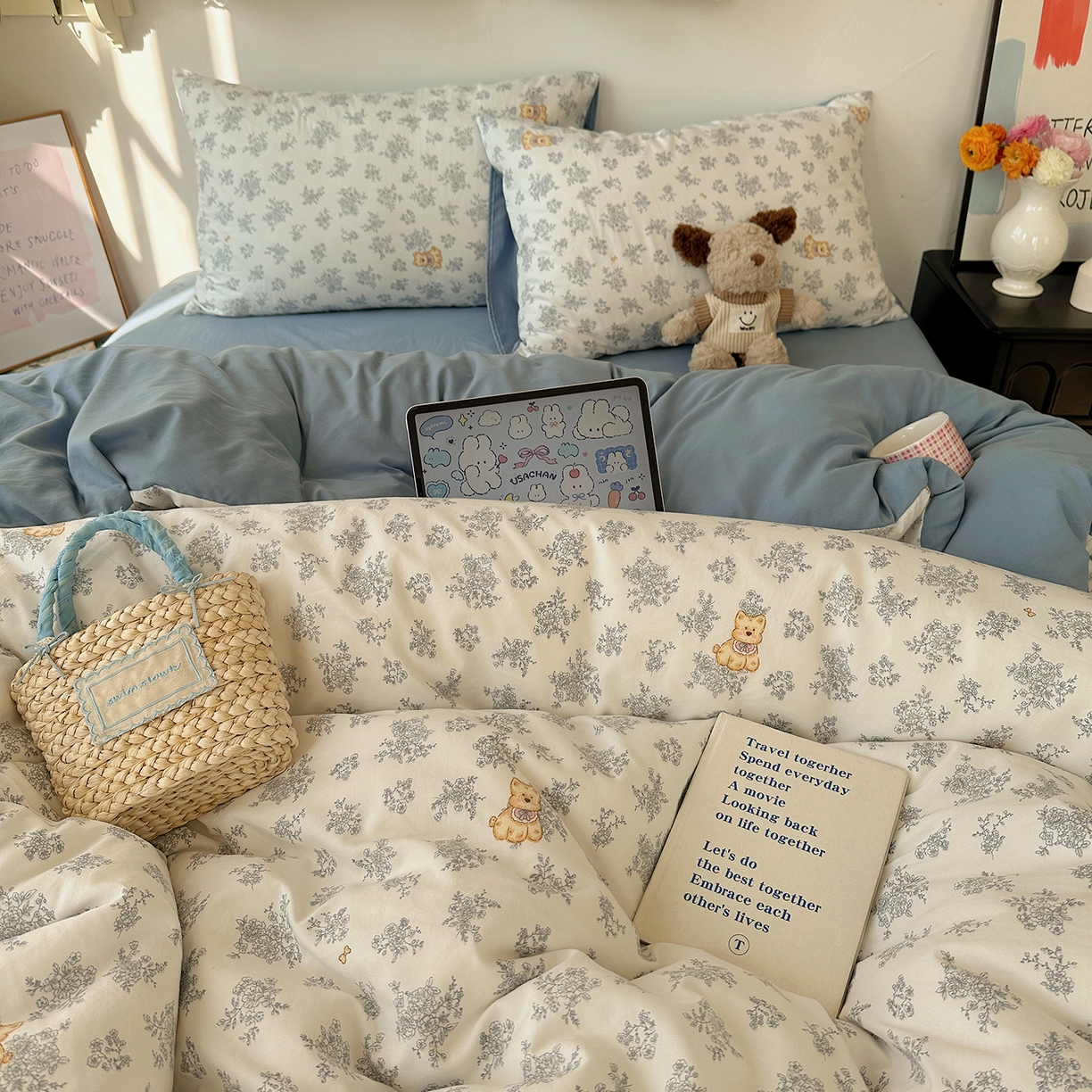 91家纺网 家纺一手货源 找家纺 初夏家纺 2026 新款水洗棉四件套A类卡通简约风床上三件套被套被罩【提供买家秀】 雾蓝西高地