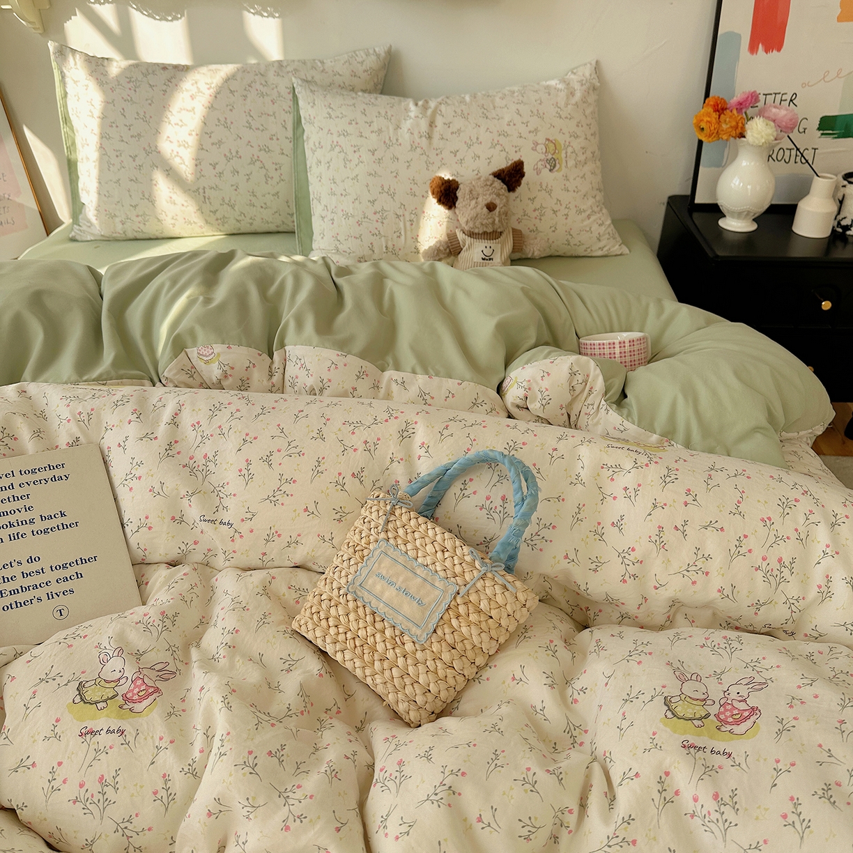 91家纺网 家纺一手货源 找家纺 初夏家纺 2026 新款水洗棉四件套A类卡通简约风床上三件套被套被罩【提供买家秀】 森系田园兔