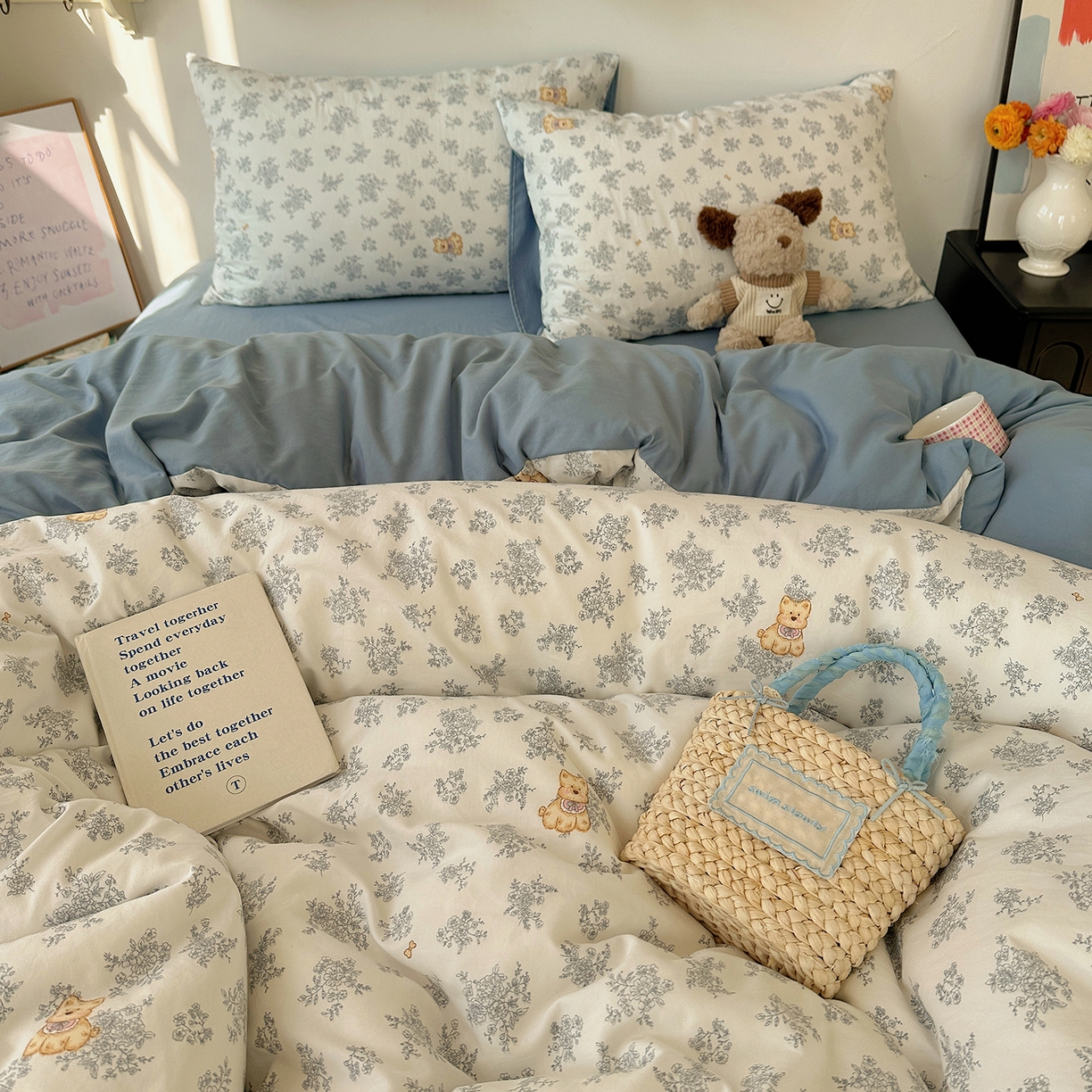 91家纺网 家纺一手货源 找家纺 初夏家纺 2026 新款水洗棉四件套A类卡通简约风床上三件套被套被罩【提供买家秀】 雾蓝西高地