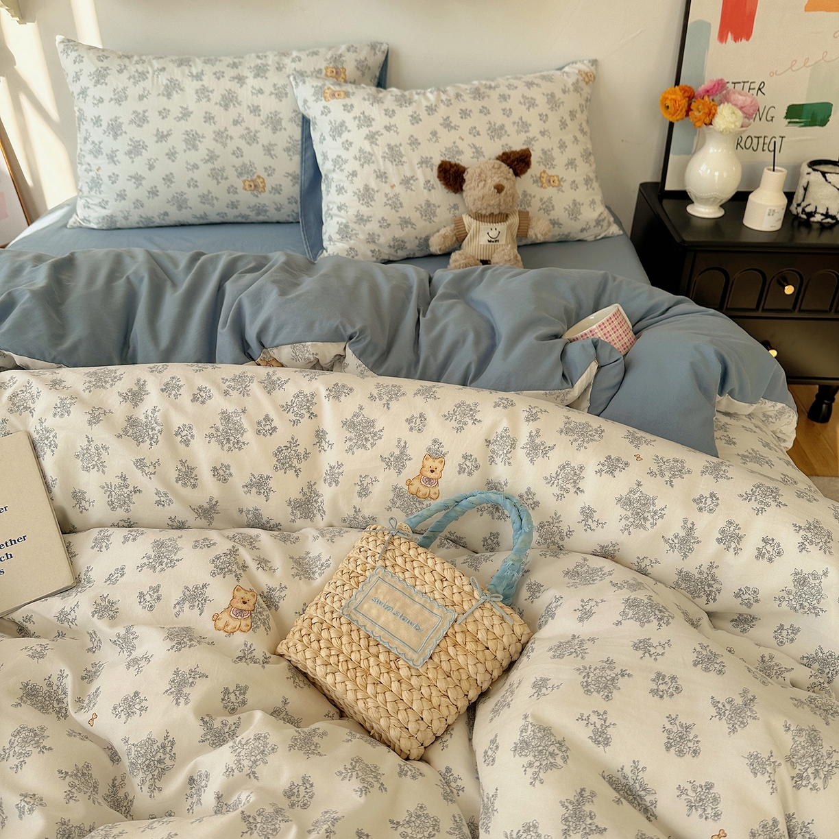 91家纺网 家纺一手货源 找家纺 初夏家纺 2026 新款水洗棉四件套A类卡通简约风床上三件套被套被罩【提供买家秀】 雾蓝西高地