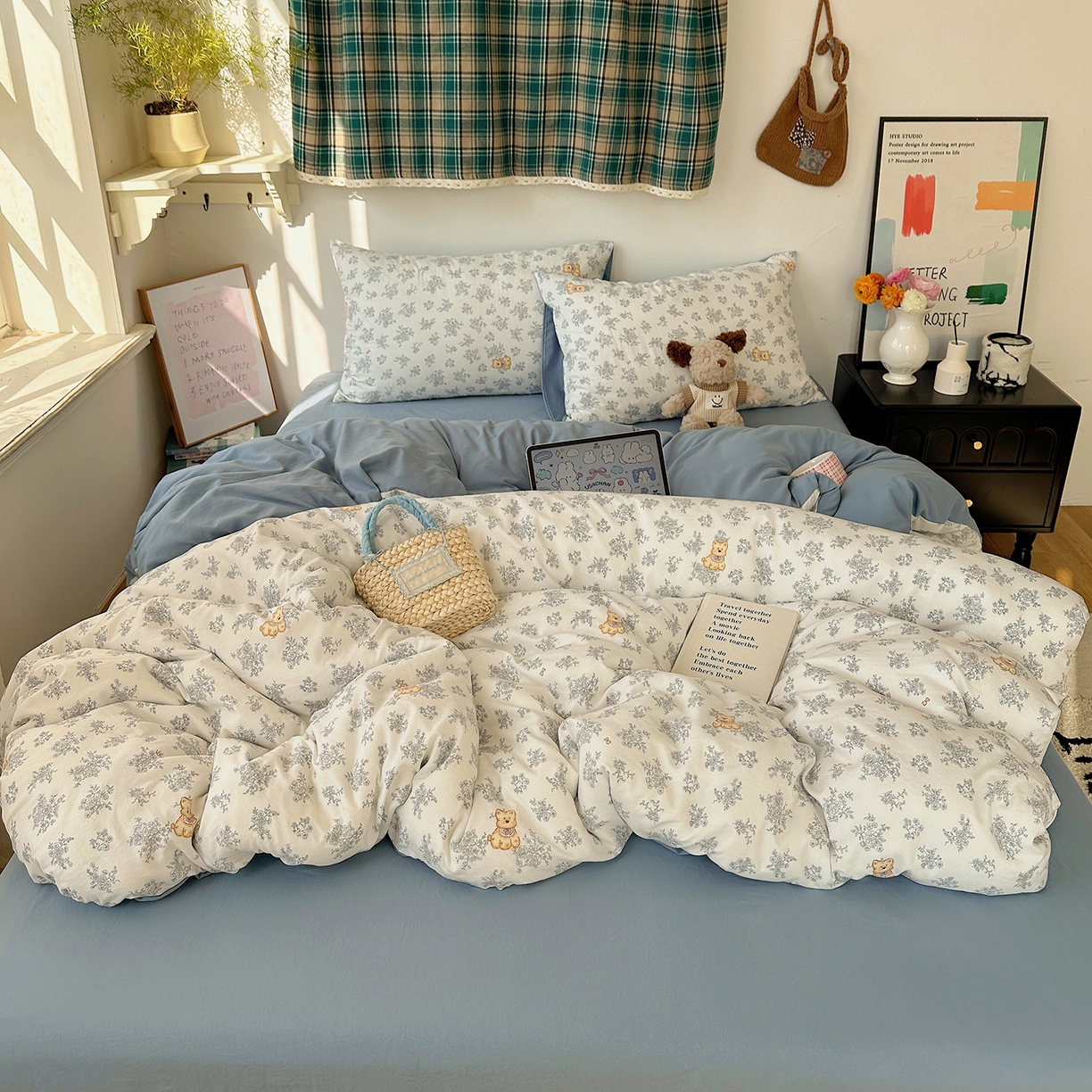 91家纺网 家纺一手货源 找家纺 初夏家纺 2026 新款水洗棉四件套A类卡通简约风床上三件套被套被罩【提供买家秀】 雾蓝西高地