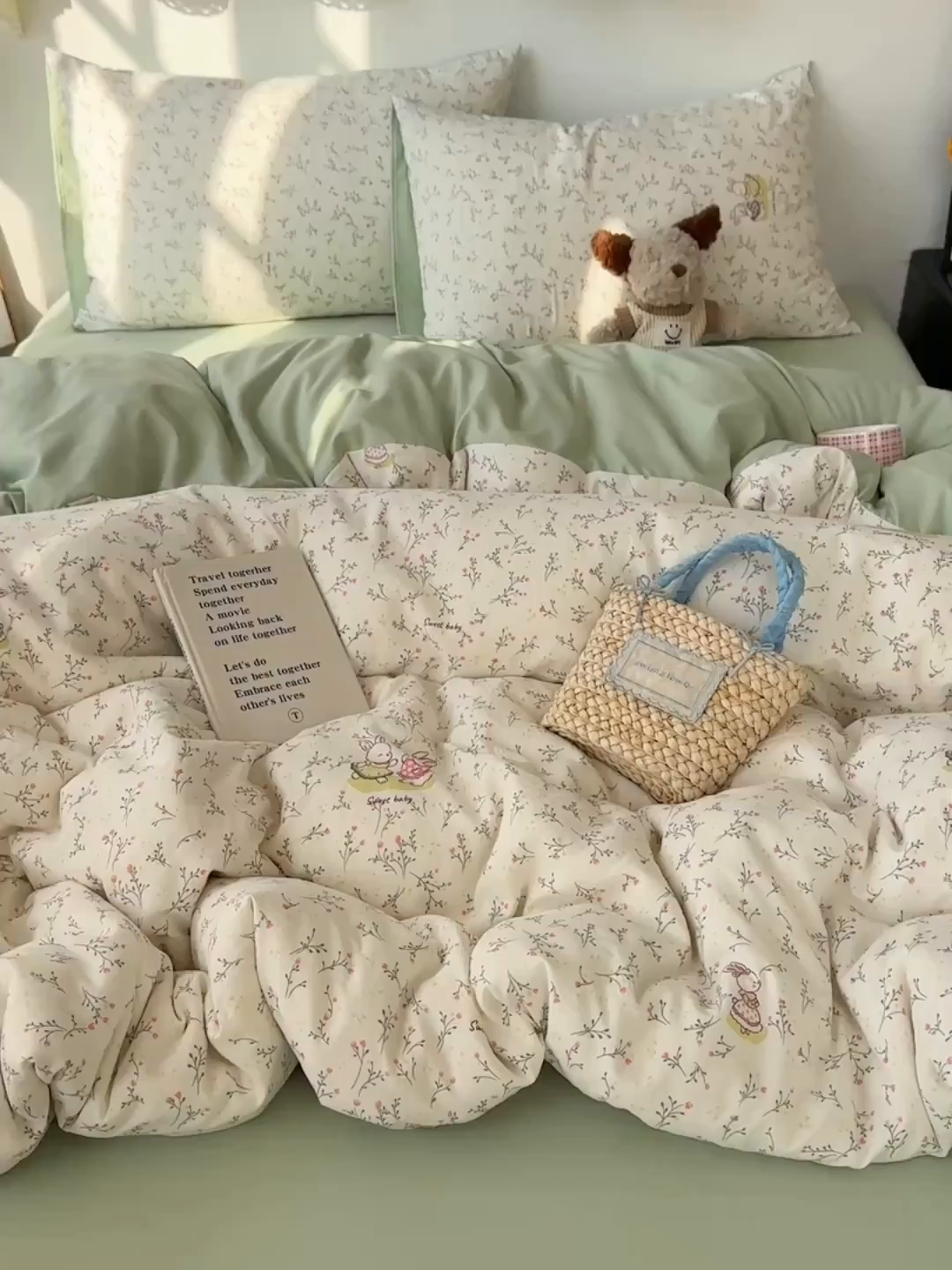 91家纺网 家纺一手货源 找家纺 初夏家纺 2026 新款水洗棉四件套A类卡通简约风床上三件套被套被罩【提供买家秀】 森系田园兔