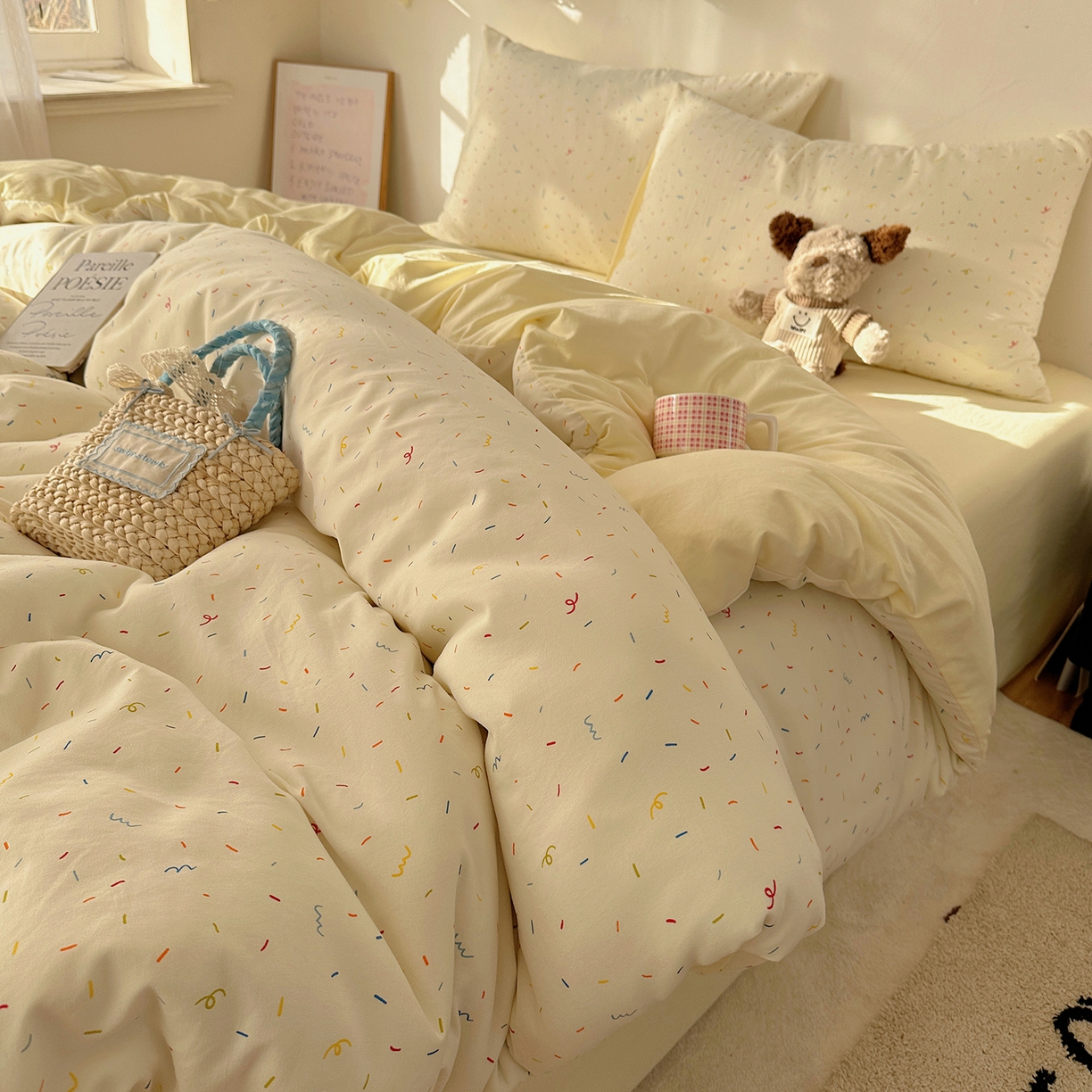 91家纺网 家纺一手货源 找家纺 初夏家纺 2026 新款水洗棉四件套A类卡通简约风床上三件套被套被罩【提供买家秀】 芝士碎