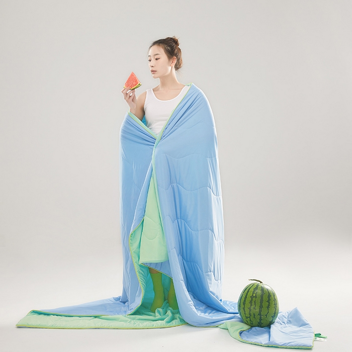 91家纺网 家纺一手货源 找家纺 爱彼家纺 2026新款A类氨纶凉感丝西瓜大豆空调被夏被夏凉被（控价最低79.9/89.9/99.9） 瓜瓜被-蜜蓝绿