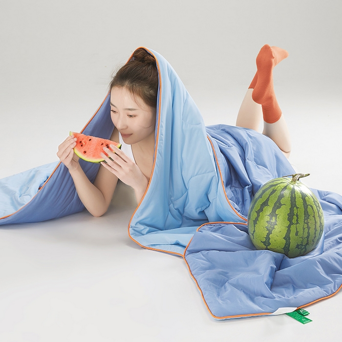 91家纺网 家纺一手货源 找家纺 爱彼家纺 2026新款A类氨纶凉感丝西瓜大豆空调被夏被夏凉被（控价最低79.9/89.9/99.9） 瓜瓜被-天空蓝