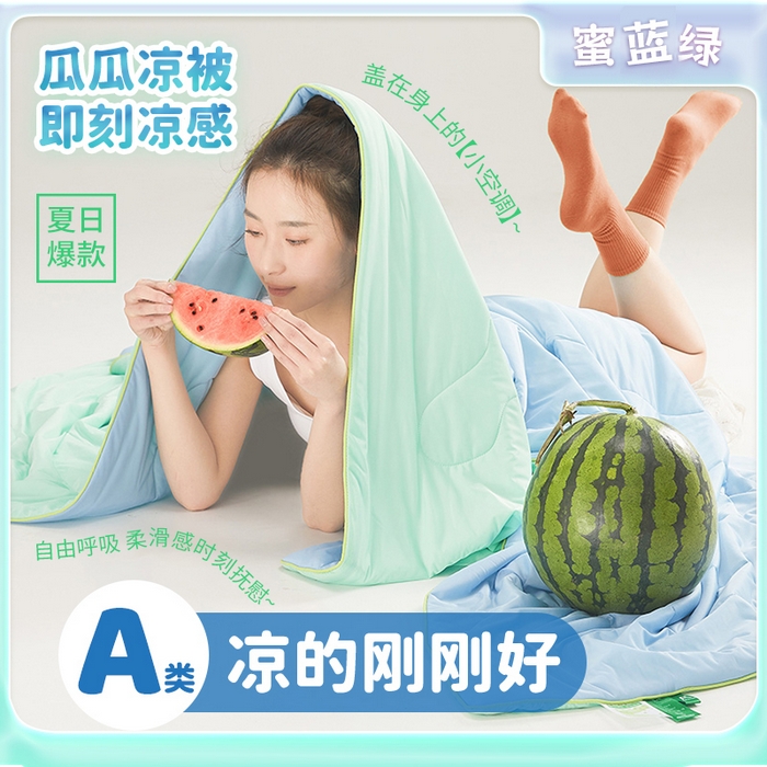 爱彼家纺 2026新款A类氨纶凉感丝西瓜大豆空调被夏被夏凉被（控价最低79.9/89.9/99.9） 瓜瓜被-蜜蓝绿