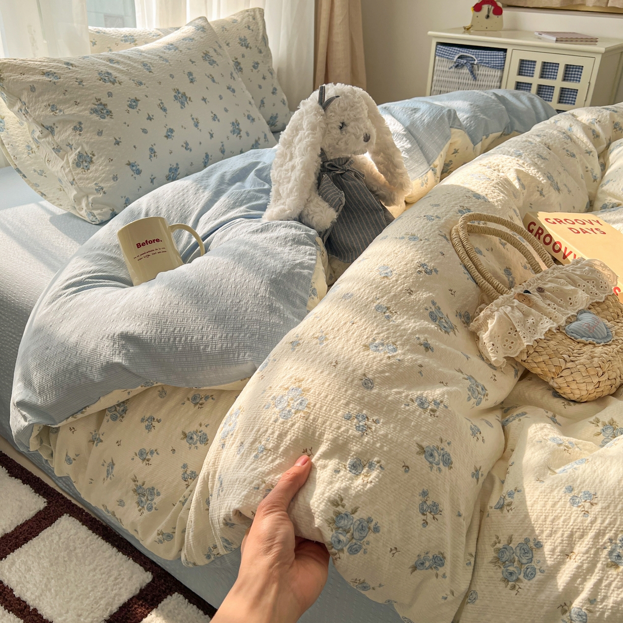 91家纺网 家纺一手货源 找家纺 童颜 2026新款泡芙纱小碎花四件套 春意盎然