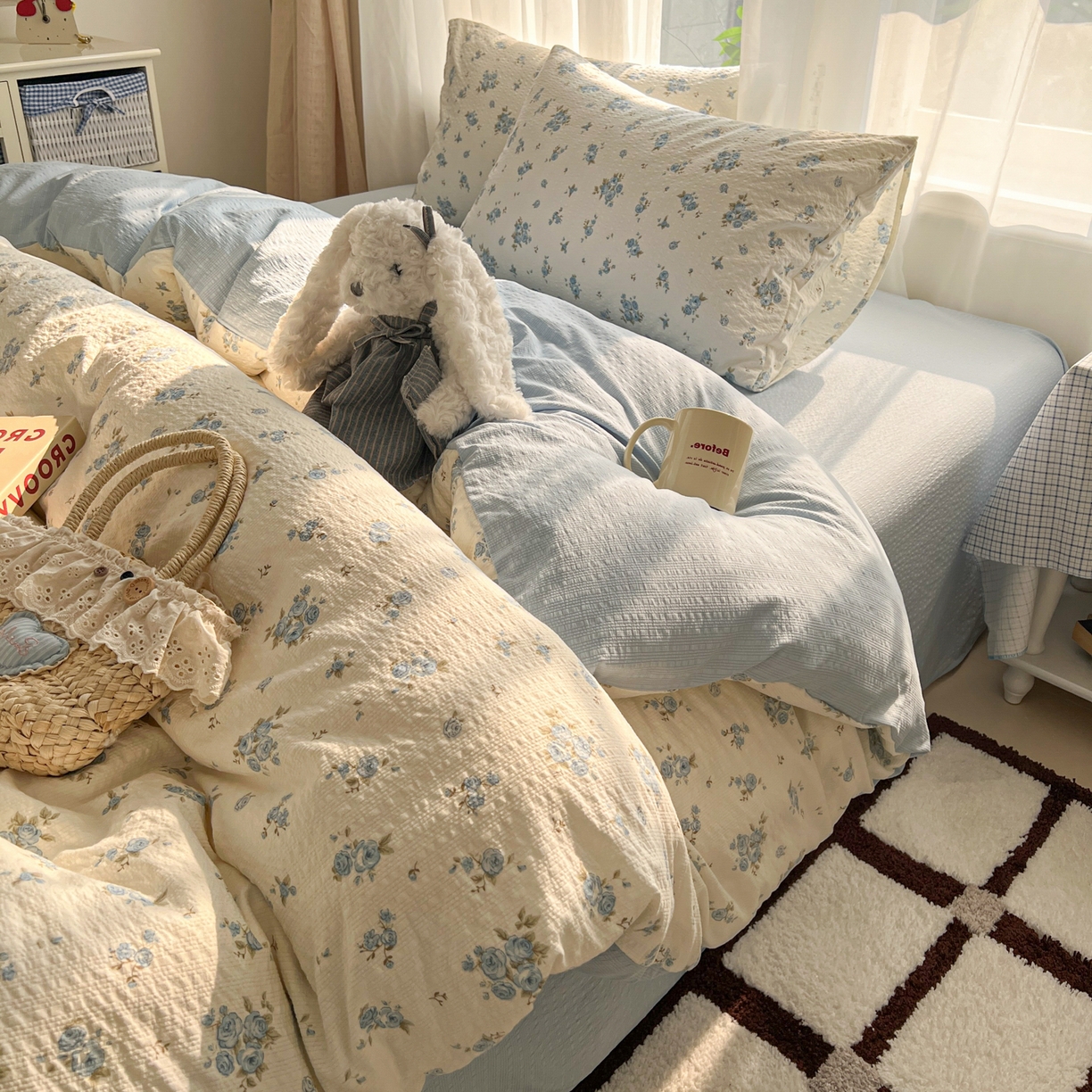 91家纺网 家纺一手货源 找家纺 童颜 2026新款泡芙纱小碎花四件套 春意盎然