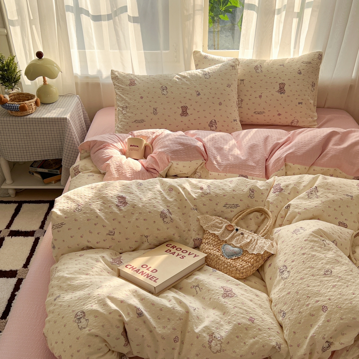 91家纺网 家纺一手货源 找家纺 童颜 2026新款泡芙纱小碎花四件套 花园兔兔