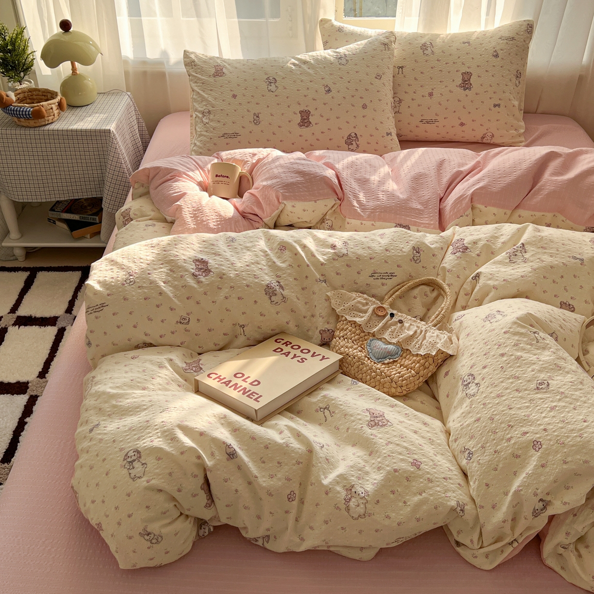 91家纺网 家纺一手货源 找家纺 童颜 2026新款泡芙纱小碎花四件套 花园兔兔