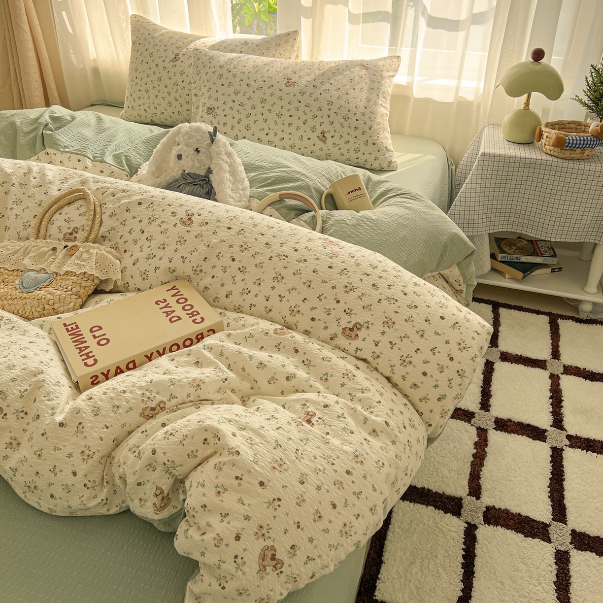 91家纺网 家纺一手货源 找家纺 童颜 2026新款泡芙纱小碎花四件套 春日小马