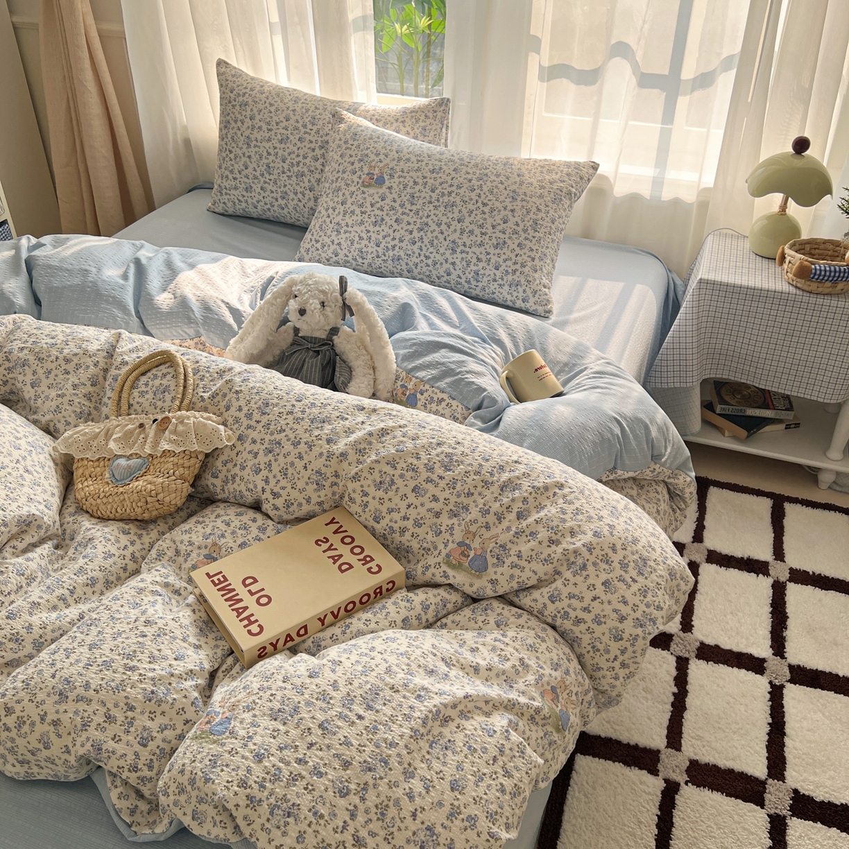 91家纺网 家纺一手货源 找家纺 童颜 2026新款泡芙纱小碎花四件套 小兔花园