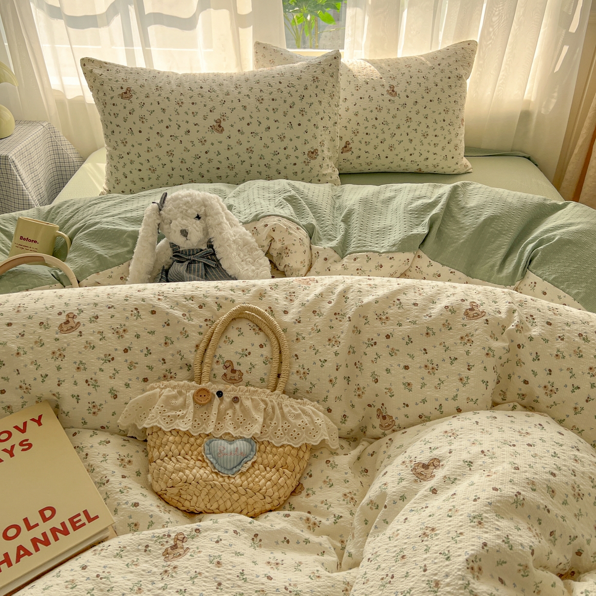 91家纺网 家纺一手货源 找家纺 童颜 2026新款泡芙纱小碎花四件套 春日小马