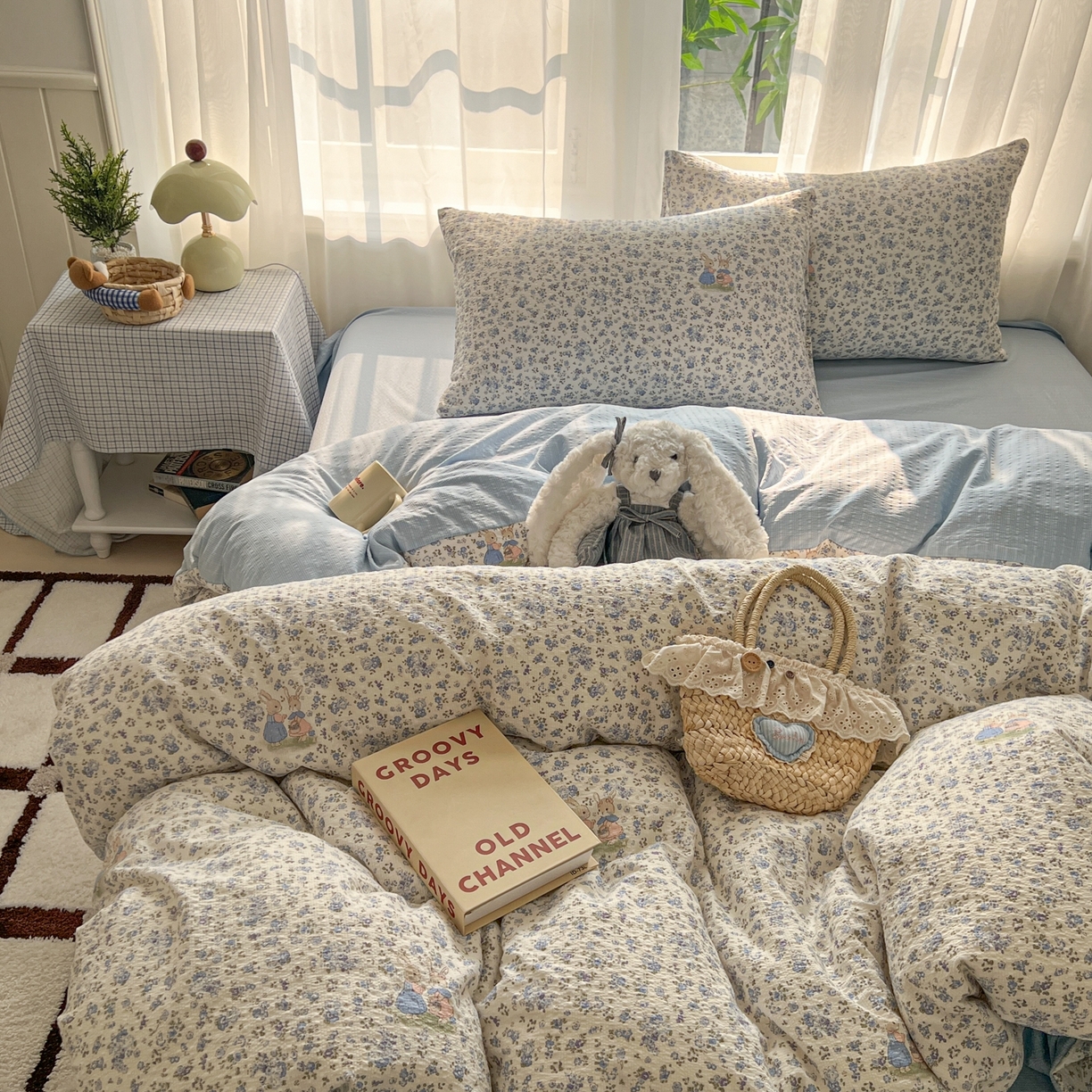 91家纺网 家纺一手货源 找家纺 童颜 2026新款泡芙纱小碎花四件套 小兔花园