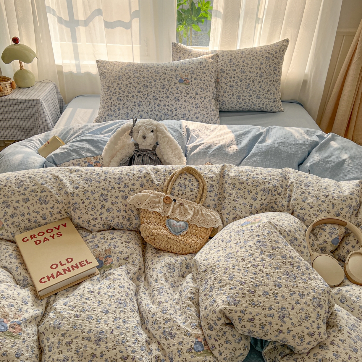 91家纺网 家纺一手货源 找家纺 童颜 2026新款泡芙纱小碎花四件套 小兔花园