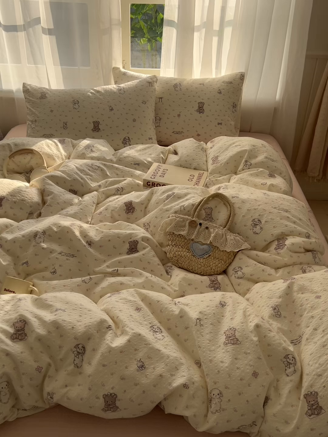 91家纺网 家纺一手货源 找家纺 童颜 2026新款泡芙纱小碎花四件套 花园兔兔