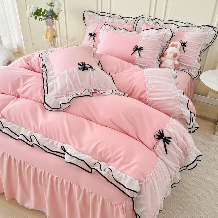 91家纺网 家纺一手货源 找家纺 （总）乐卧 2026新款花漾褶皱网纱花边拼色黑蝴蝶款荷叶边四件套