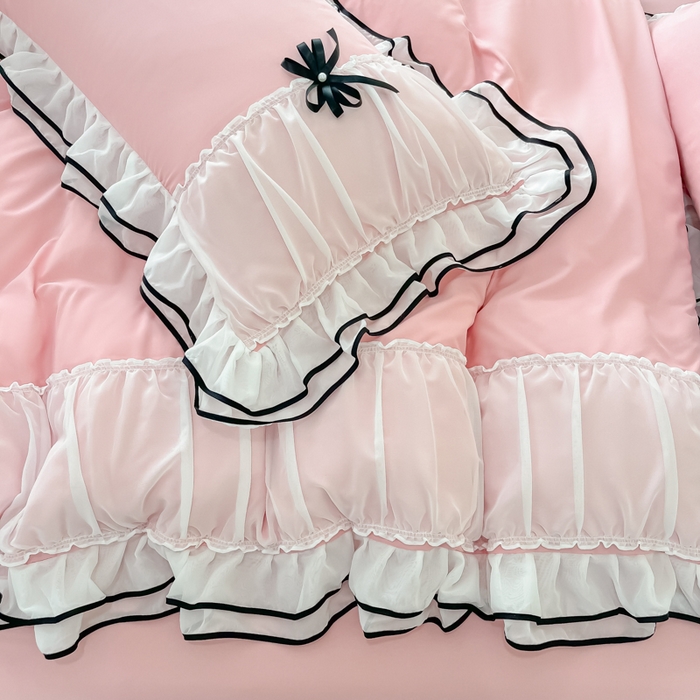 91家纺网 家纺一手货源 找家纺 （总）乐卧 2026新款花漾褶皱网纱花边拼色黑蝴蝶款荷叶边四件套