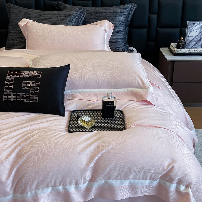 91家纺网 家纺一手货源 找家纺 若未家居 LOVEWE HOUSE 2026新款双拼角提花兰精天丝棉四件套-叶澜（ 控价券后不低于398） 叶澜-粉