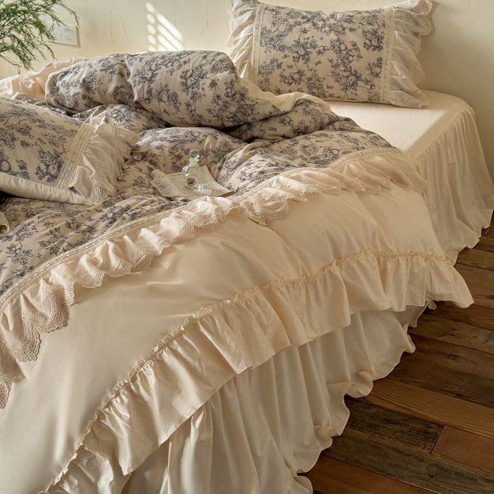 91家纺网 家纺一手货源 找家纺 （总）惯盈家纺 2026新款法式复古灯芯绒印花全棉花边床裙款全棉四件套-素写（含买家秀）