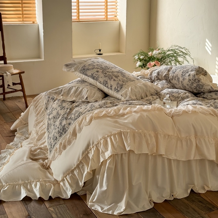 91家纺网 家纺一手货源 找家纺 （总）惯盈家纺 2026新款法式复古灯芯绒印花全棉花边床裙款全棉四件套-素写（含买家秀）