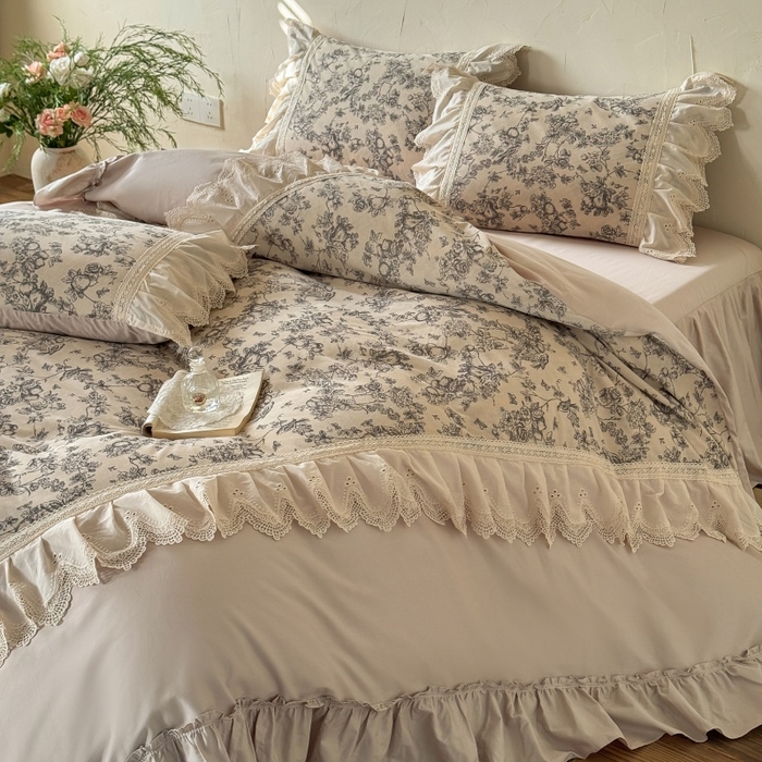 91家纺网 家纺一手货源 找家纺 惯盈家纺 2026新款法式复古灯芯绒印花全棉花边床裙款全棉四件套-素写（含买家秀） 素写-卡其