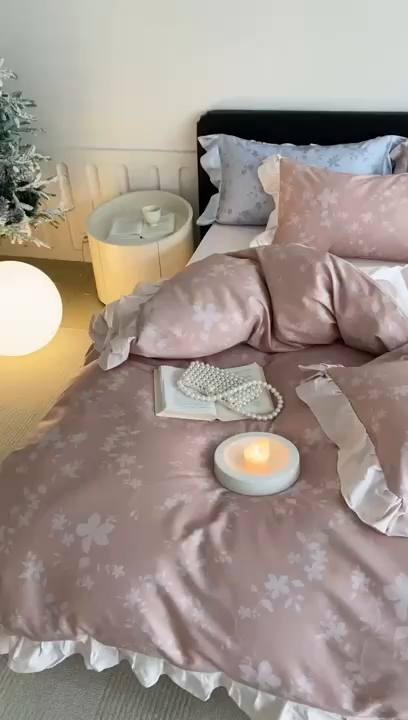 91家纺网 家纺一手货源 找家纺 若未家居 LOVEWE HOUSE 2026春夏新品AB版100支法式全棉数码印花四件套-弥の野（券后控价不低于398） 弥の野-粉