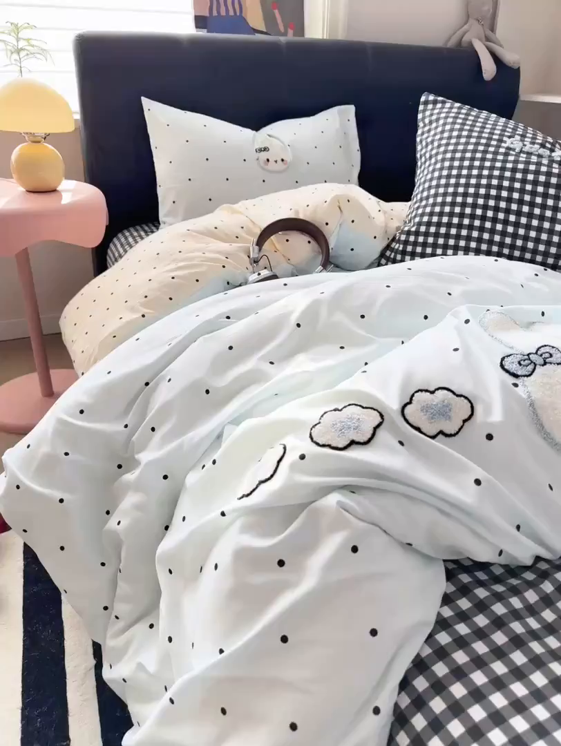 91家纺网 家纺一手货源 找家纺 曲之慕 2026新款直播爆款混搭风毛巾绣四件套学生韩版三件套 可爱兔