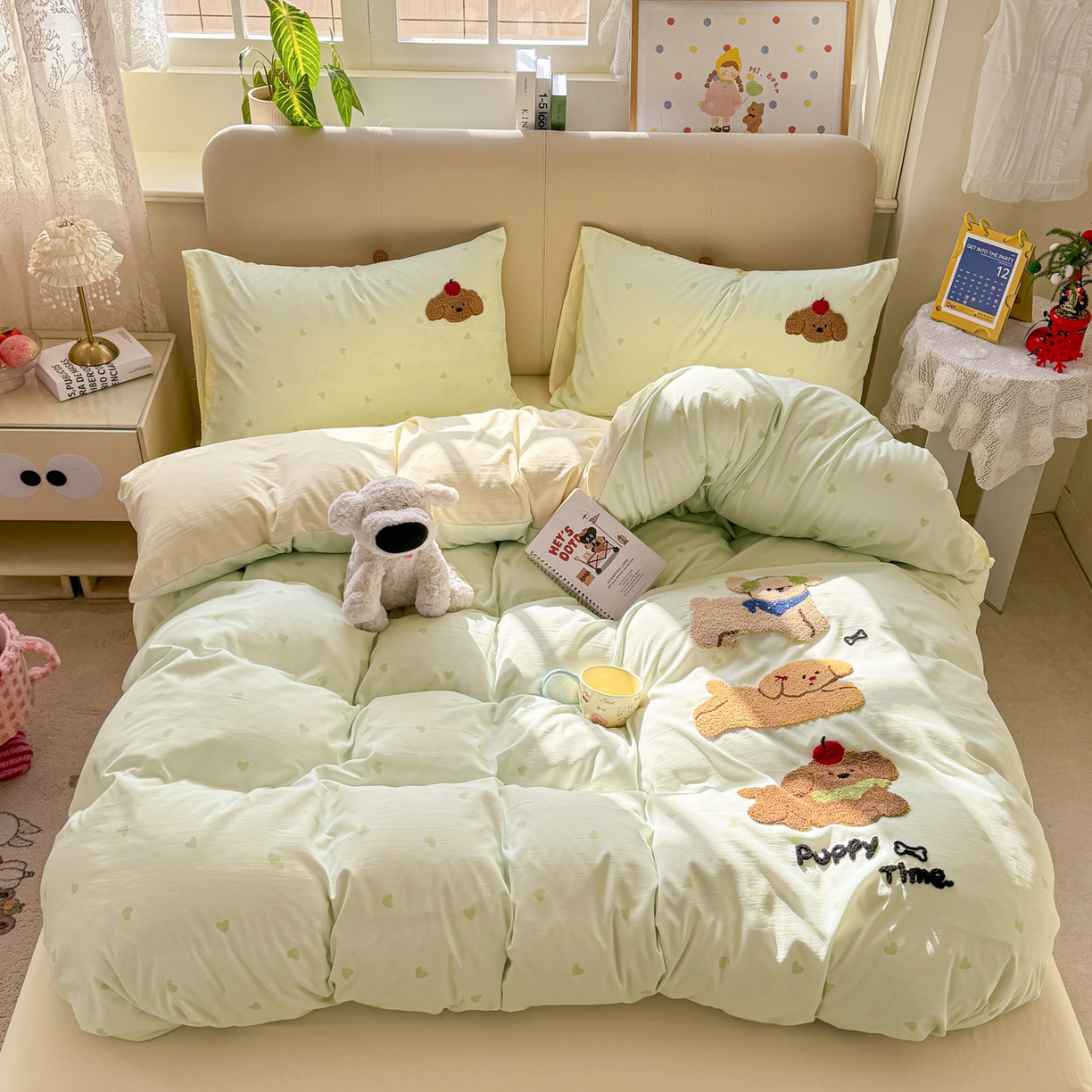 91家纺网 家纺一手货源 找家纺 曲之慕 2026新款直播爆款混搭风毛巾绣四件套学生韩版三件套 伙伴狗