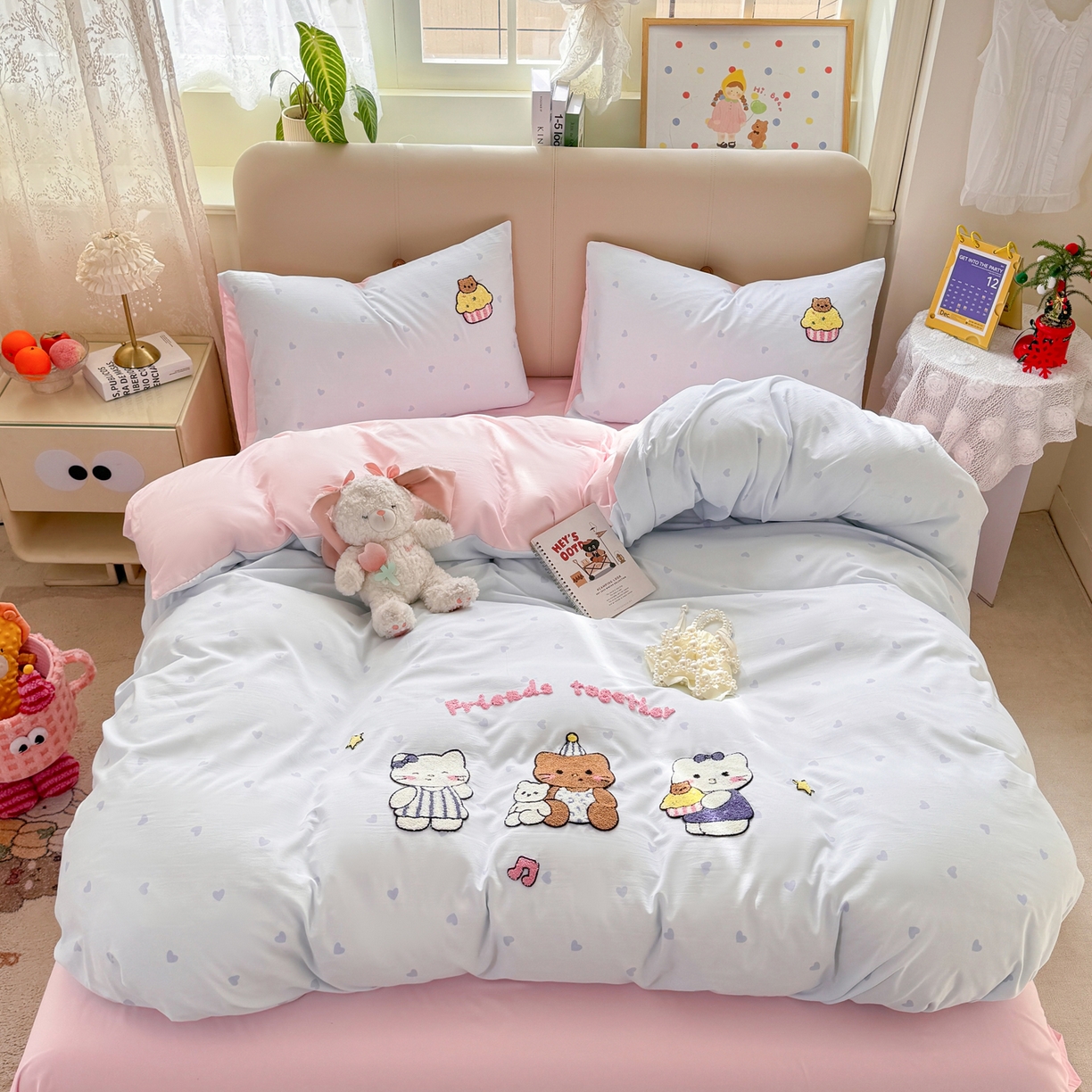 91家纺网 家纺一手货源 找家纺 曲之慕 2026新款直播爆款混搭风毛巾绣四件套学生韩版三件套 可爱小猫咪