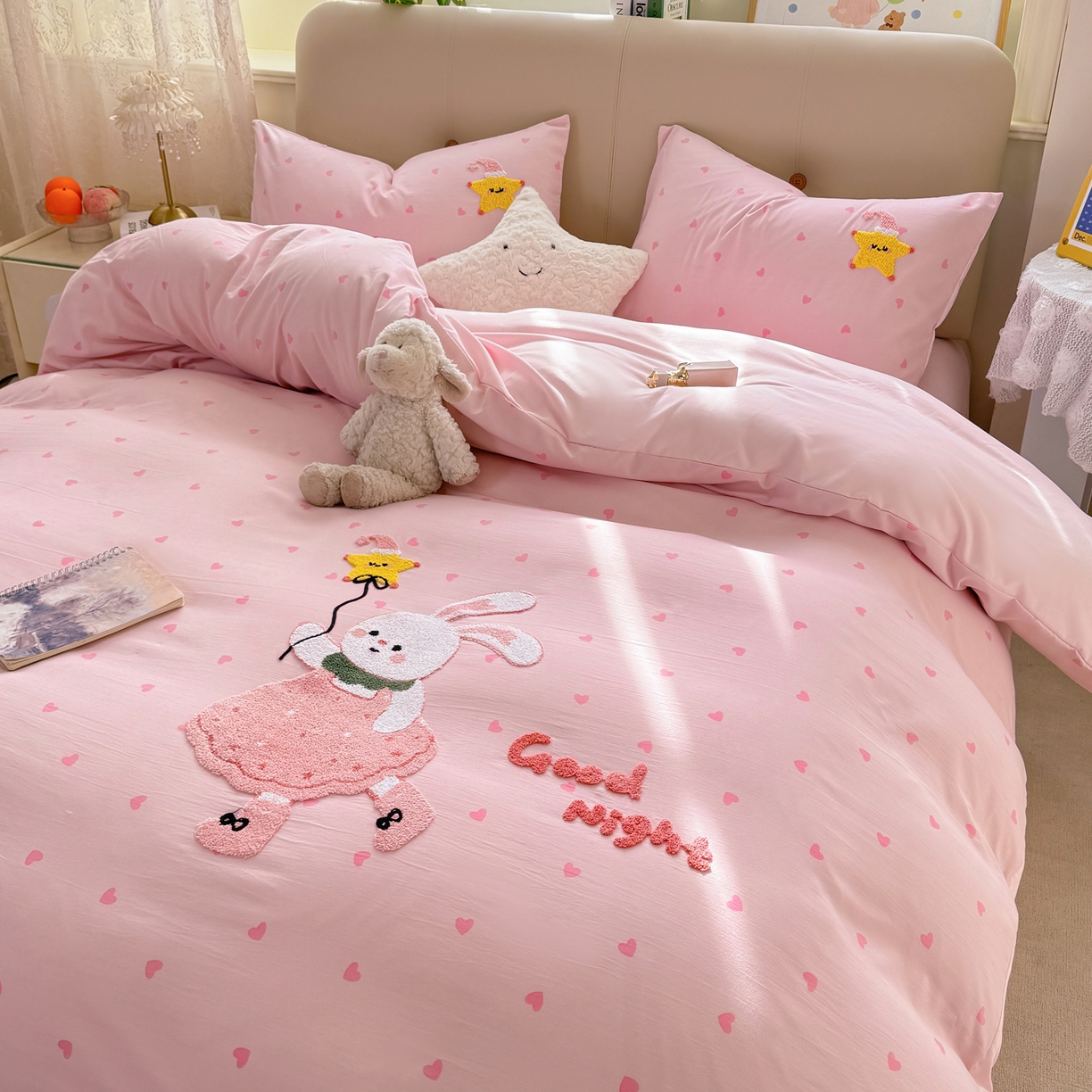 91家纺网 家纺一手货源 找家纺 曲之慕 2026新款直播爆款混搭风毛巾绣四件套学生韩版三件套 萌萌兔