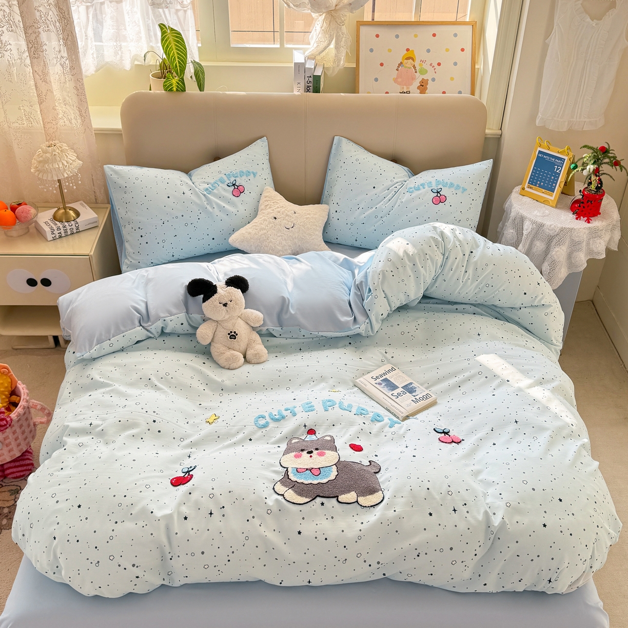 91家纺网 家纺一手货源 找家纺 曲之慕 2026新款直播爆款混搭风毛巾绣四件套学生韩版三件套 樱桃小狗