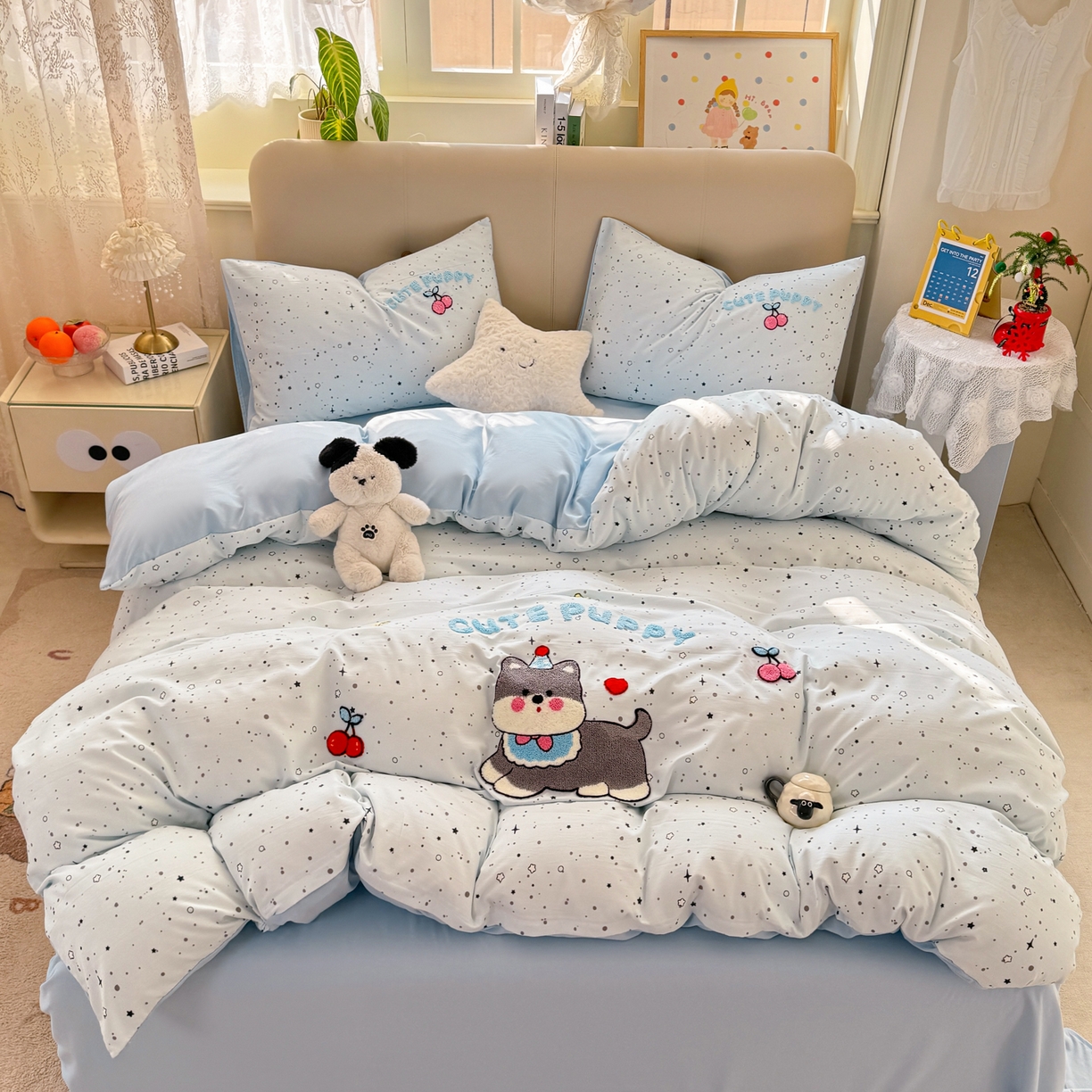 91家纺网 家纺一手货源 找家纺 曲之慕 2026新款直播爆款混搭风毛巾绣四件套学生韩版三件套 樱桃小狗