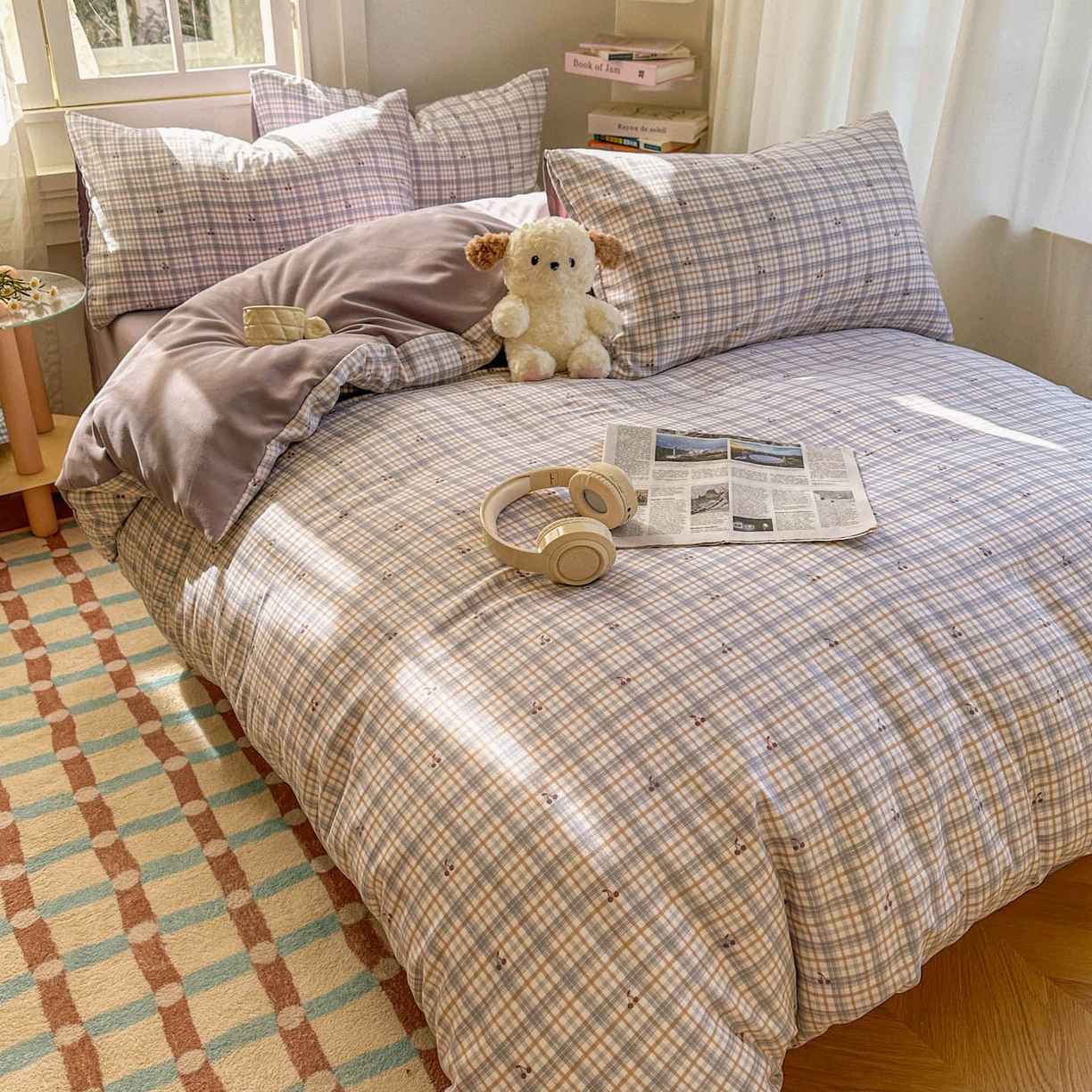 91家纺网 家纺一手货源 找家纺 水木坊 2026新款130克高克重人字纹提花四件套 格子樱桃