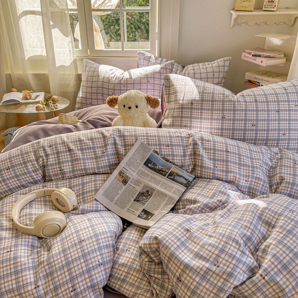 91家纺网 家纺一手货源 找家纺 水木坊 2026新款130克高克重人字纹提花四件套 格子樱桃