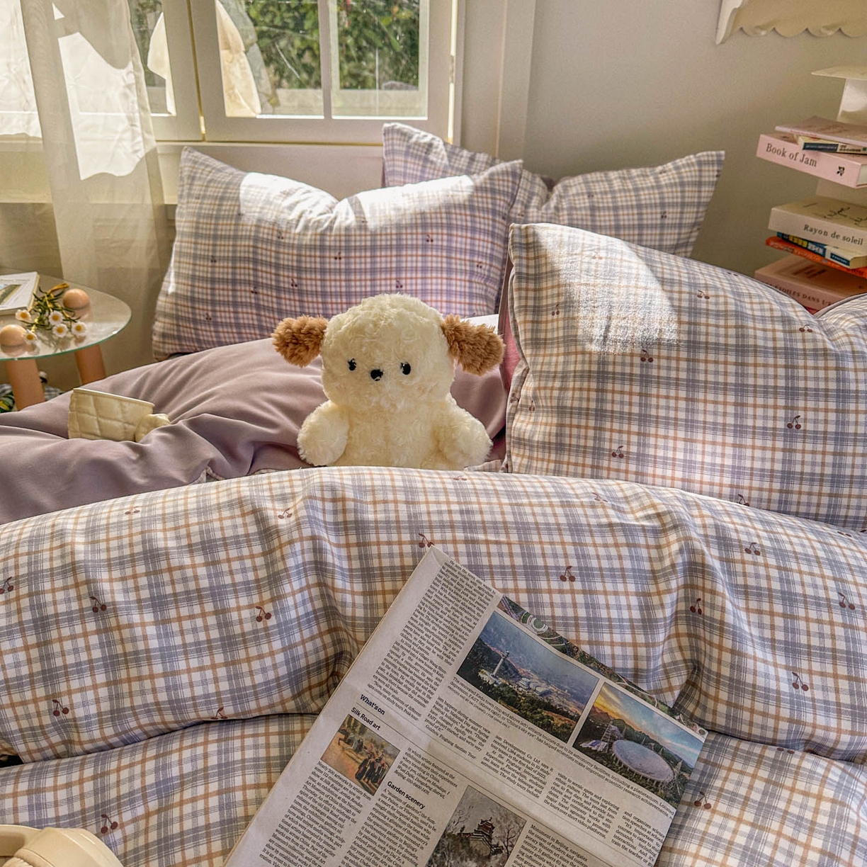 91家纺网 家纺一手货源 找家纺 水木坊 2026新款130克高克重人字纹提花四件套 格子樱桃